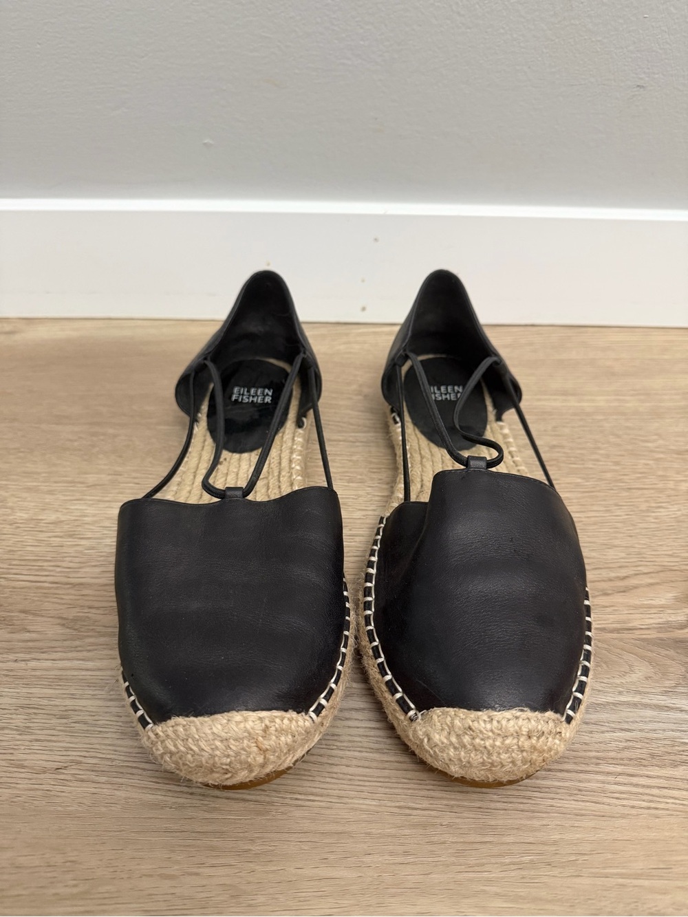 Eileen Fisher Black Leather Espadrille Flats with Jute Toe